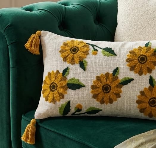 Image of Furnistitchs Boho Rectangle Cushion Cover 12x20 inches | Handmade Decorative Throw Pillow Case | Bohemian Home Decor Sofa Bed Cushion Cover Living Room Bedroom (1, Mustard Floral Buds, 12x20 inches)