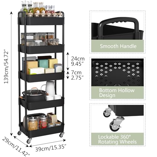 image for Sywhitta 5-Tier Plastic Rolling Utility Cart with Handle, Multi-Functi