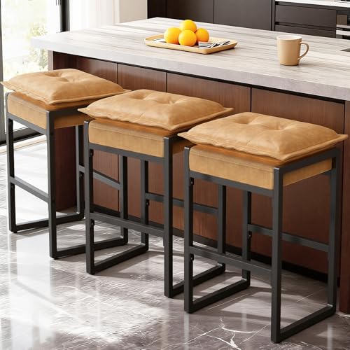 HOMVIMI Barstools with Double Cushion Comfortable Seating, Modern Bar Stools Set of 3 with Footrest, Counter Height Bar Chairs, Easy Assembly, for Kitchen Island, Bar, Counter(Brown)