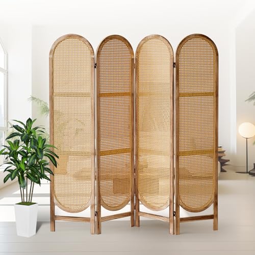 Asnefeli 4 Panel Room Divider Double Hinged Foldable Wooden Room Divider Individual Privacy Screen Made of Hand-Woven Rattan Portable Wall Divider for Home Office Bedroom Bathroom (Natural)
