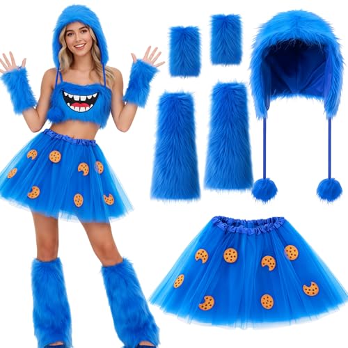 Shihanee 4 Pcs Furry Cartoon Monster Costume Accessories -tutu Skirt Furry Hat Gloves Leg Warmers for Women Cosplay(Blue)