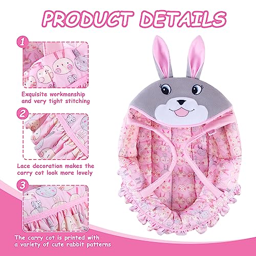 Rakki Dolli Doll Carry Cot Doll Carry Crib Doll Carrier with Fashion Embroidered Rabbit Face, Fits for 16” 18” American Girl Dolls