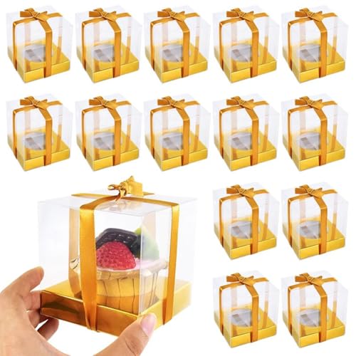 Cajas De Plástico Oro Cupcake, 48Pcs 9cm Clear Individual Cupcake Contenedores De Almacenamiento Para Postre De Torta, Transporte Cupcake Titulares A Granel Para Fiesta De Bodas Panadería Favor