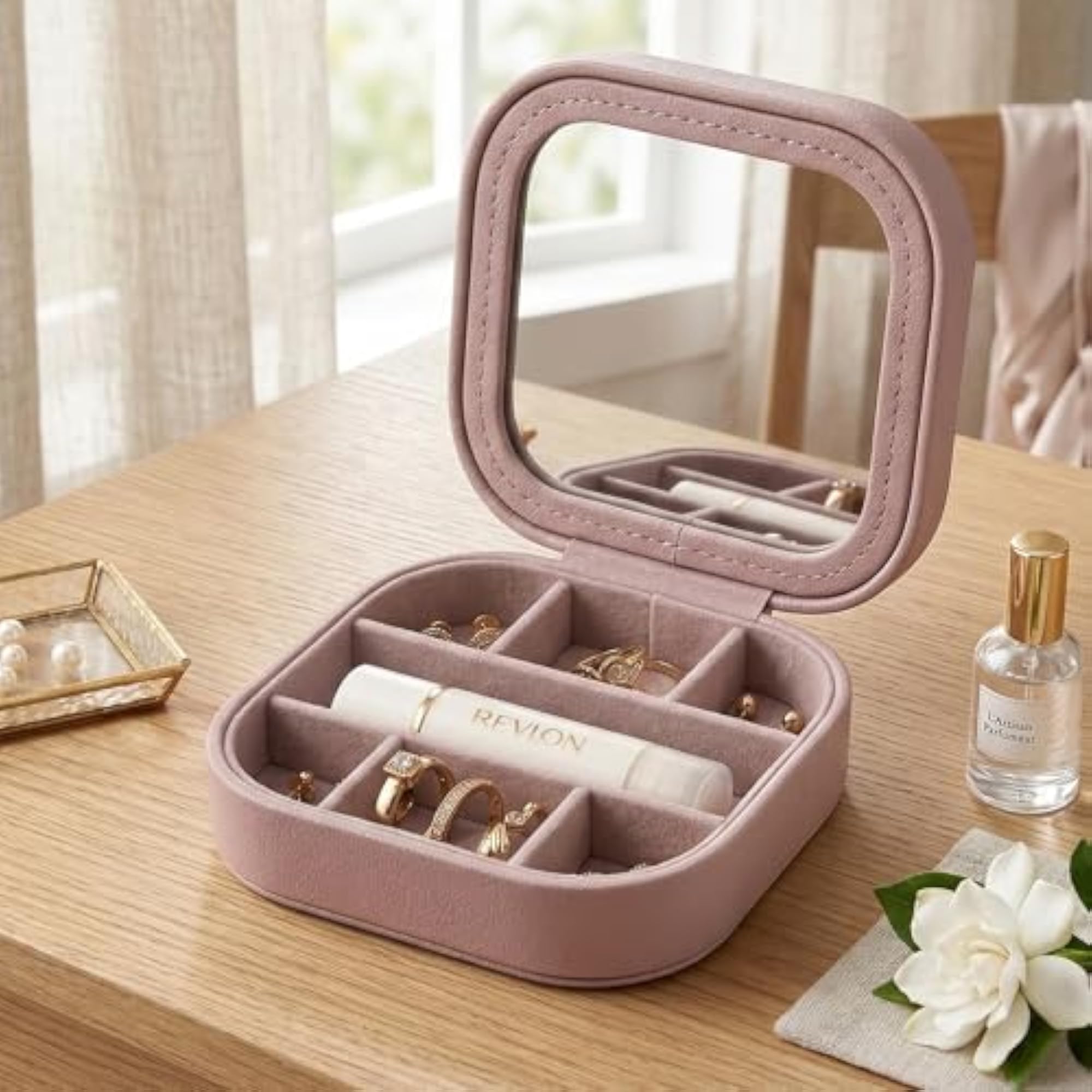 Pink Travel Jewellery Box with Mirror, Multiple Compartments
