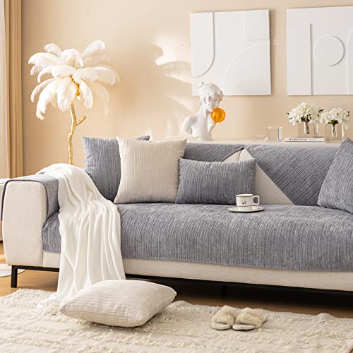 Sofa Covers, 2023 New Chenille Sofa Cover, Striped Weave Textured Stretch Magic Couch Cushion Covers, Waterproof Anti-Slip Furniture Protector For Living Room Pets Dogs Kids (Gray, 90*180Cm) #TOP1