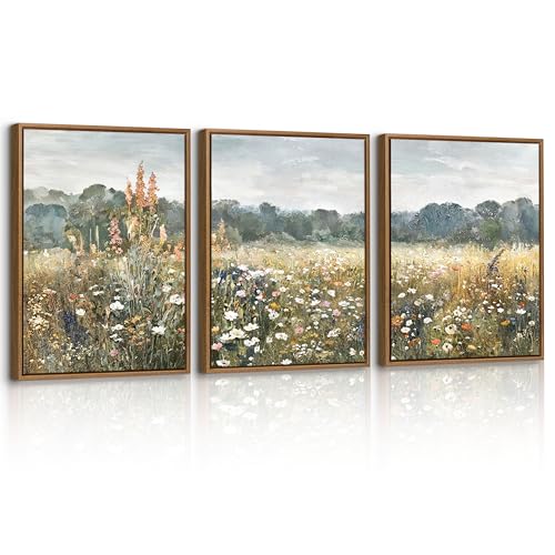 3Pcs Quadri Moderni Vintage Fiori selvatici Paesaggio Stampa Su Tela Con Cornice, Retrò Campi Floreale Quadro Pittura Classico Natura Stampe Da Parete Decor Per Soggiorno Camera da letto 30x40cmx3