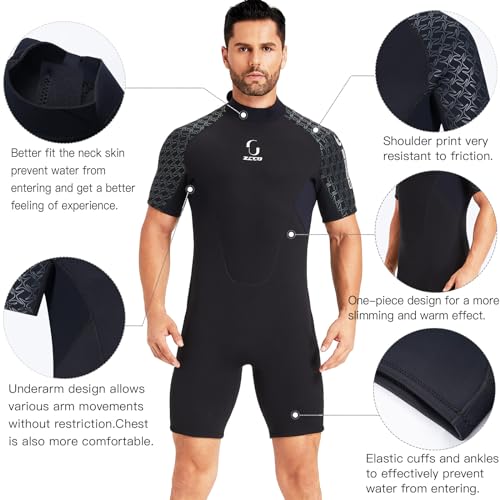 Foto von Neoprenanzug Damen Rückenreißverschluss Kurze Neoprenanzug Herren 3mm Neopren Kurzarm zum Surfen Schwimmen Kajakfahren Schnorcheln Kanufahren Gerätetauchen (Herren Schwarz, M)