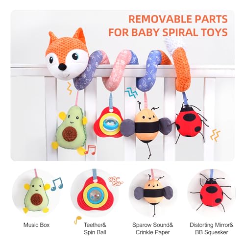 Image of Koty Car Seat Toys, Infant Baby Spiral Plush Activity Hanging Toy for Stroller Bar Pram Crib with Music Box BB Squeaker & Rattles(Orange Fox)