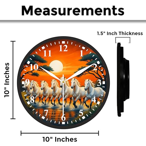 Image of 10 Inch-7 Running White Horses Wall Clock 10 Inch | Vastu Positive Energy Horse Clock for Living Room, Office, Shop & Reception | HD Printed Analog Wall Clock with Adhesive Hook