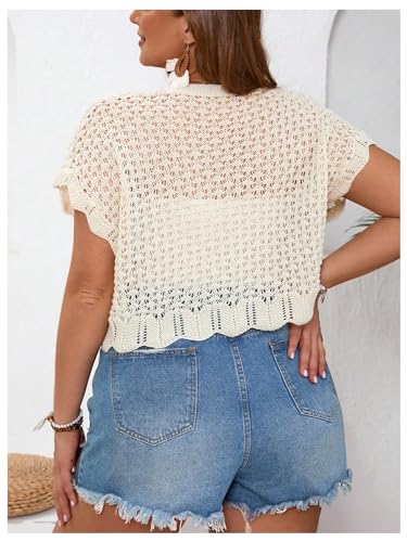 Floerns Women's Plus Size Crochet Hollow Out Tie Front Scallop Trim Crop Cardigan Sweater2