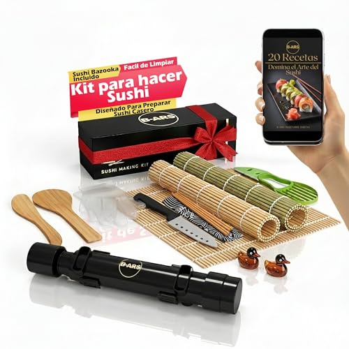 B-ARS Kit Para Hacer Sushi Completo Incluye Esterillas De Bambú Cuchillo Antiadhesivo Palillos Sushi Bazooka Ideal Para Principiantes Y Expertos Fácil Uso Diseñado Para Preparar Sushi Casero.