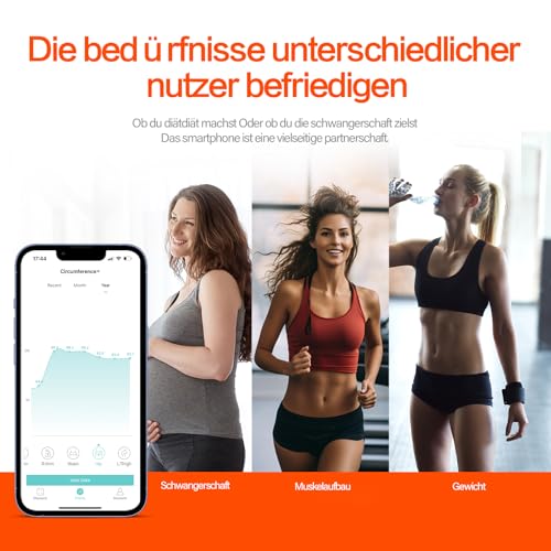 Fitdays Smartes Körpermaßband mit Bluetooth & LED-Bildschirm | Körperfett-BMI-Messung + App-Tracking für Fitness/Abnehmen | Automatisch Einziehbar & Tragbar (Schwarz)