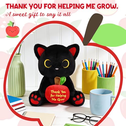 Image of Black Cat Plush Holding Red Apple - Teacher Appreciation Gift Thank You for Helping Me Grow, 8inch Cute Stuffed Cat Plushie, Kawaii Toy Thank You Gift for Women Men Desktop Decor