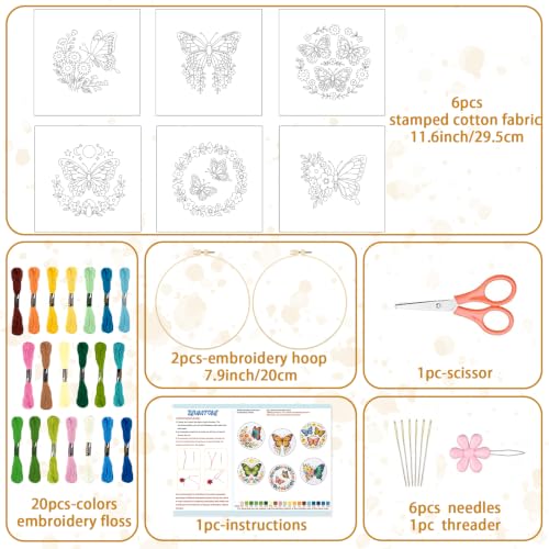 Image of BEUNITONE 6 Set Embroidery Kit for Beginner Adults, Colorful Butterfly Floral DIY Cross Stitch Set with Stamped Pattern Hoops Threads Cloth Needles, Embroidery Starter Kit for Home Decor and Gifting