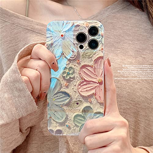 Ownest Compatible For Iphone 11 Case With Cute Retro Oil Painting Flowers Crystal Design For Girls Woman Tpu Slim Floral Case For Iphone 11 Cover+Colored Pearls Phone Charm #TOP1