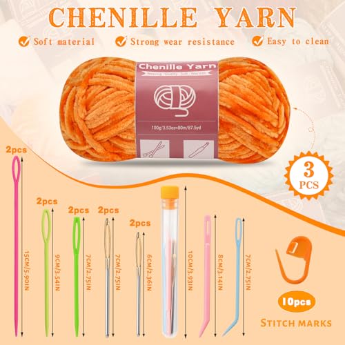 Image of LUNARM Chenille Yarn 3 Pack 3.5oz Chunky Blanket Velvet Yarn 263 Yard | Orange Chunky Chenille Yarn for Beginners Crocheting Hand Knitting Scarves with Big Eye Needles Machine Washable