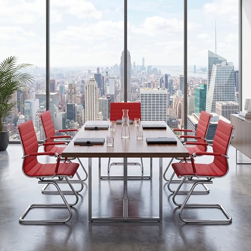 Image of Office Desk Chair No Wheels Set of 6 PU Leather Computer Chairs Mid Back Guest Chairs for School Reception Conference Waiting Room, Deep Red
