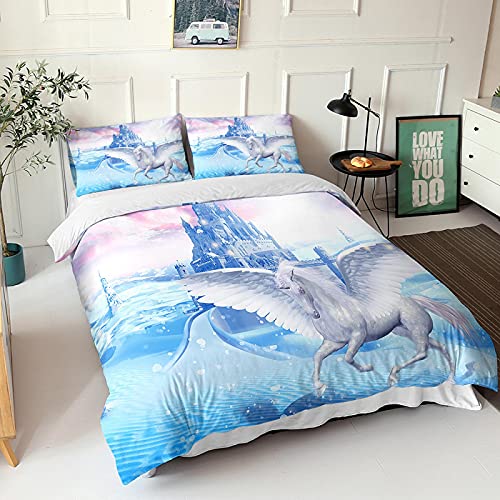 KAABUN Housse De Couette Licorne Ailes Flocons de Neige château 180X210Cm 2 Taies D'Oreillers 65X65cm 2 Personnes Literie en Microfibre Parure De Lit avec Fermeture Éclair Cover