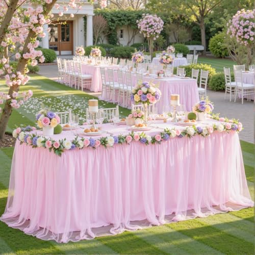 Pink Table Cloths for Parties Light Pink Tulle Tablecloth Rectangle, Pink Tulle Table Skirt Rectangle Table 6ft Fitted Table Covers Stretch Elastic Banquet Party Baby Shower Wedding Table Cloth 6 Foot by HB HBB MAGIC - Used condition - Image 2