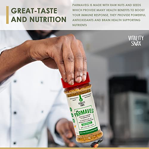 Plant Based Parmesan Cheese - A Plant-Based, Gluten-Free, Kosher-Certified, Vegan Grated Cheese Alternative (Spicy) - Vitality Snax Parmaveg. #TOP4