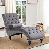 DecoraFlex Tufted Chaise Lounge Chair Indoor, Velvet Chaise Lounges with Solid Wood Legs & Support Pillow, Upholstered Couch for Bedroom Living Room Office, Leisure Sofa Recliner(Blue)