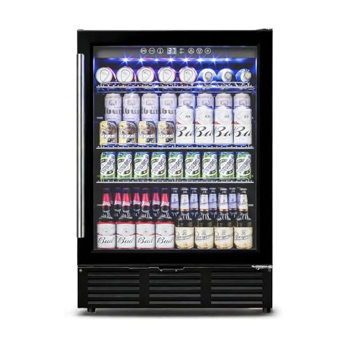 24 Inch Beverage Refrigerator and Wine Cooler: Ultra Quiet ≤30dB, 180-Can Single Zone or 18+88 Dual Zone, Built-In Glass Door Fridge with LED Light for Home Bar, Kitchen (Black, 180 Can Single Zone)