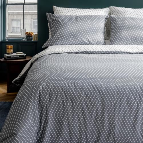 LERUUM Bettwäsche Set 155x220 100% Baumwolle Graue Weiß Bettbezug Streifenmotiv Wende Bettwaren inkl 1 Kopfkissenbezug 80x80cm