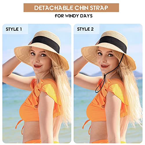Image of Beach Sun Straw Hats for Women, UPF 50+ UV Sun Protection Wide Brim Summer Straw Hat Foldable Packable Roll up Cap