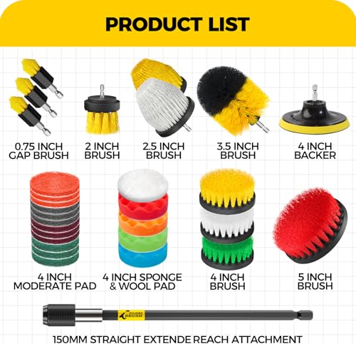 Holikme 30Pack Drill Brush Attachments Set,Scrub Pads & Sponge, Power Scrubber Brush with Extend Long Attachment All Purpose Clean for Grout, Tiles, Sinks, Car Polishing Pads,Bristle Discs