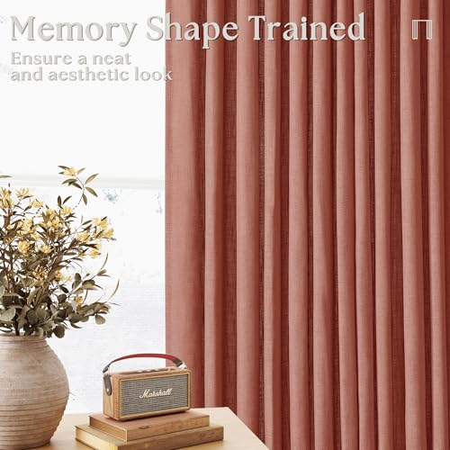 Image of Pinch Pleated Linen Semi Sheer Curtains 45 Inch Length 2 Panels Firebrick | for Kitchen Small Bay Window Basement, Pinch Pleated with Hooks Rings Back Tab, Memory Shape, Thick Linen Semi Sheer, W40xL45