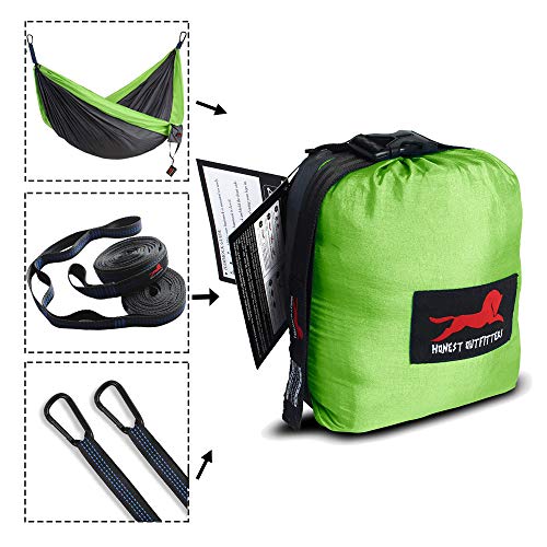HONEST OUTFITTERS Double Camping Hammock with Hammock Tree Straps,Portable Parachute Nylon Hammock for Backpacking Travel 118L x 78W Inches Grey/Green