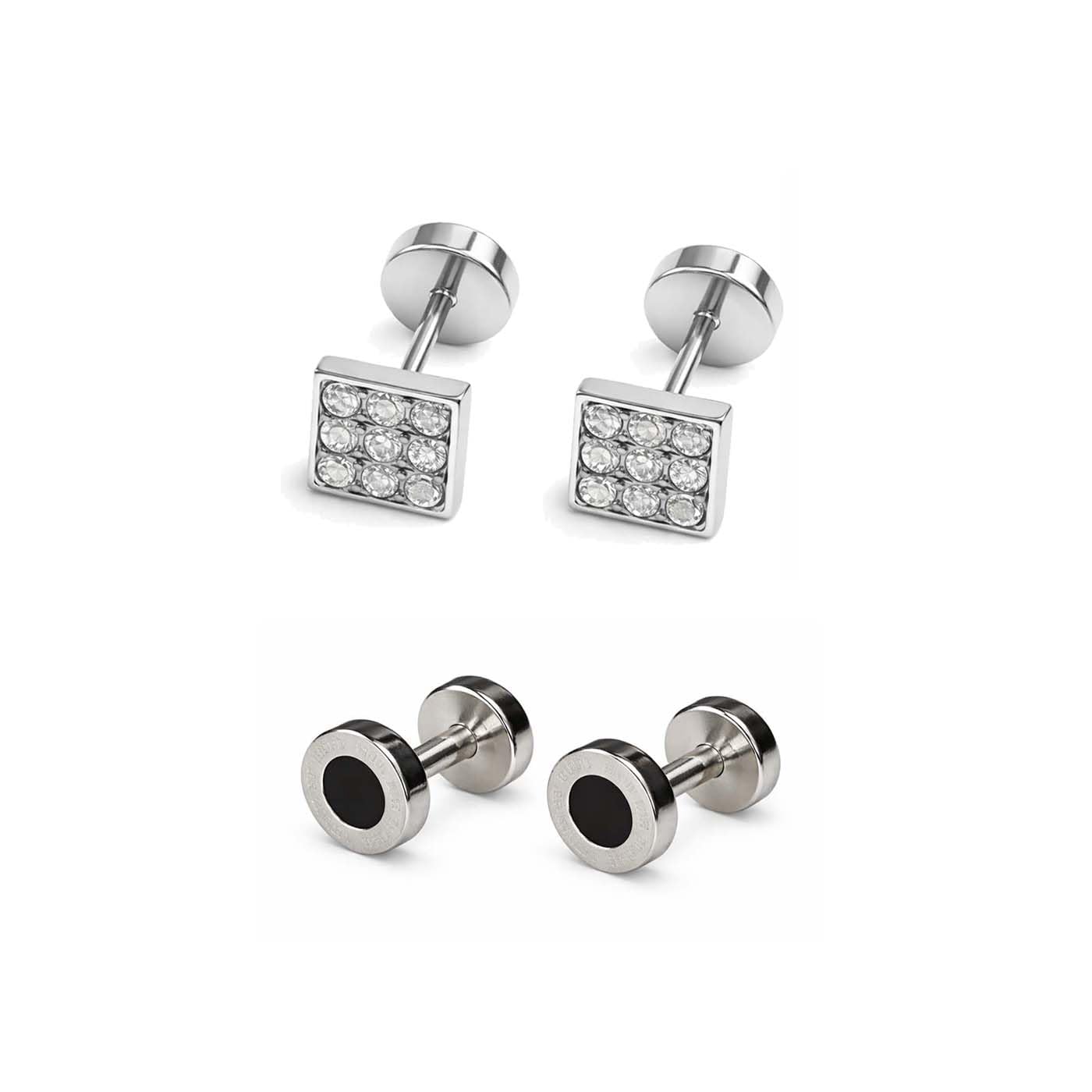 Combo of (2 Pair) Unisex Fancy & Stylish Stainless Steel Silver Glossy Finish Elegant Cubic Zirconia Square Design Dumbbell / Barbell Stud & Silver Black Round Greek Pattern Piercing Earrings for Men & Women-image-22