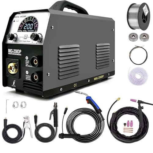 KOROBIE Cortadora de Plasma, Soldadores MIG250DP Mig Pulse Mig Aluminio Gas sin Gas Mig ARC MMA TIG 4 en 1 máquina de Soldadura semiautomática para Cortar Materiales metálicos(TIG Torch and Wire)