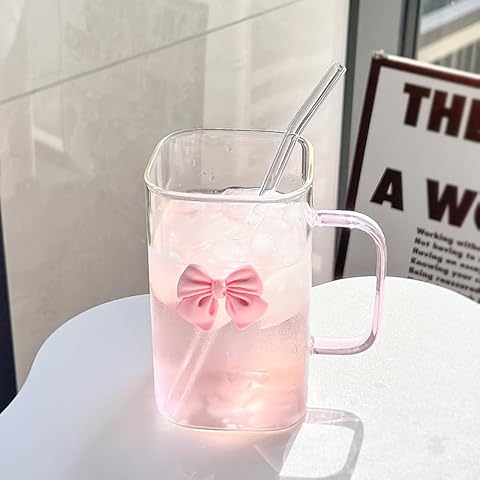 WQURC Bowknot Glass Cup with Straws Cover
