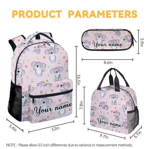 Custom Koala Backpack with Lunch Box, Set of 3 School Backpacks Matching Combo for Girls Boys, Cute Pink Bookbag and Pencil Case Bundle4