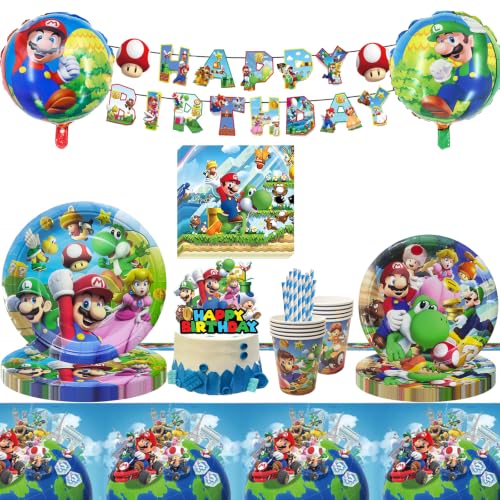 65 Pcs Thème du Jeu Anniversaire Vaisselle Kit, Décoration Danniversaire Vaisselle Couverts de fête,Décorations de Table D'anniversaire Assiettes,Serviette,Nappe