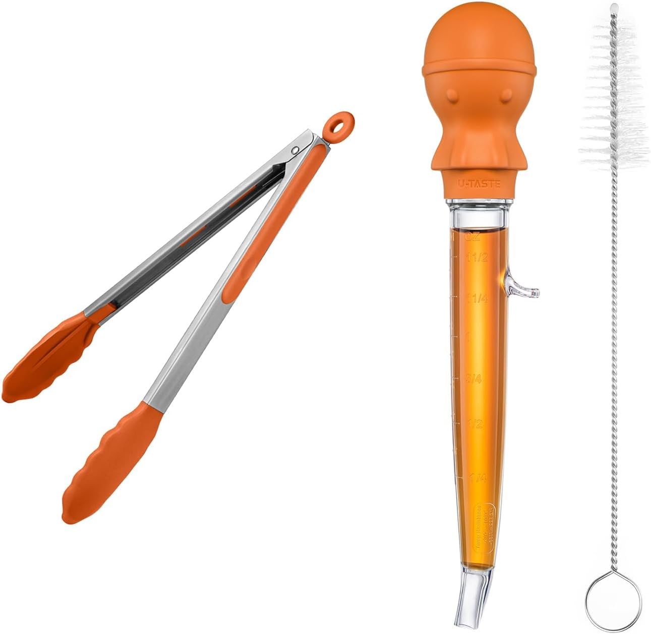 U-Taste 228.2℉ Heat Resistant BPA Free 1.5 oz Angled Turkey Baster, and 600℉ Heat Resistant 12in Kitchen Cooking Tong with Silicone Tip (Orange)
