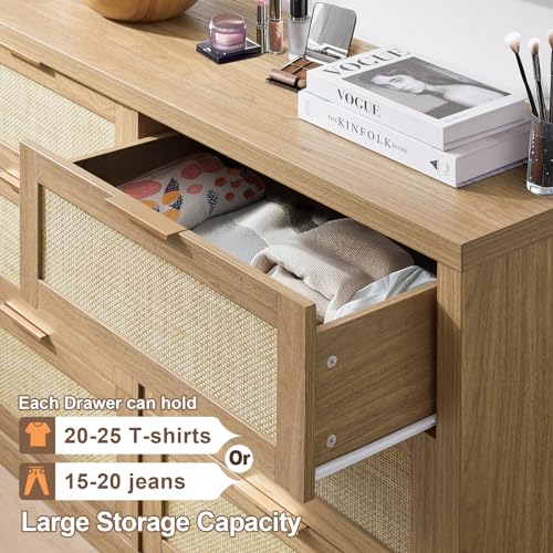 OAKHAM HOME Hampstead Dresser for Bedroom, Rattan 6 Drawer Dresser, Boho Chest of Drawers, Wood Closet Dresser TV Stand for Living Room Hallway, 52.76\" W x 17.72\" D x 31.69\" H
