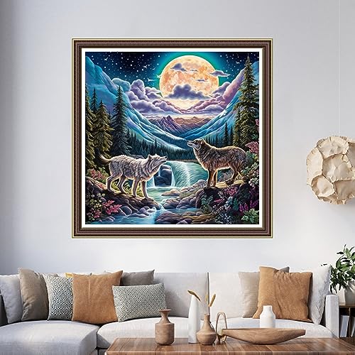 Image of Foxhool Beginners Cross Stitch Kits Stamped Full Range of Embroidery Kits for Adults DIY Cross Stitches kit Embroidery Patterns for Needlepoint kit-Moonlight Wolf 17.7x17.7 inch