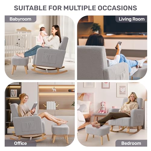 Image of HCHAIRH Nursery Rocking Chair with Ottoman, Upholstered Glider Rocker with High Backrest Side Pocket, Rocking Accent Armchair with Solid Wood Legs for Nursery, Living Room, Bedroom, Light Grey