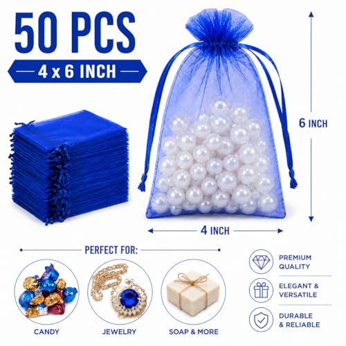 Image of Hopttreely 50 Pcs Royal Blue Organza Bags 4x6 Inch, Premium Mesh Drawstring Gift Pouches for Wedding Christmas Jewelry & Party Favors
