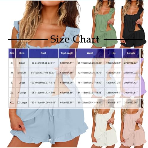 Générique Ensemble de Pyjama Femme 2 pièces Elégant sans Manches Volants Débardeur Doux et Shorts Taille Haute Été Vêtements de Nuit – vue 4