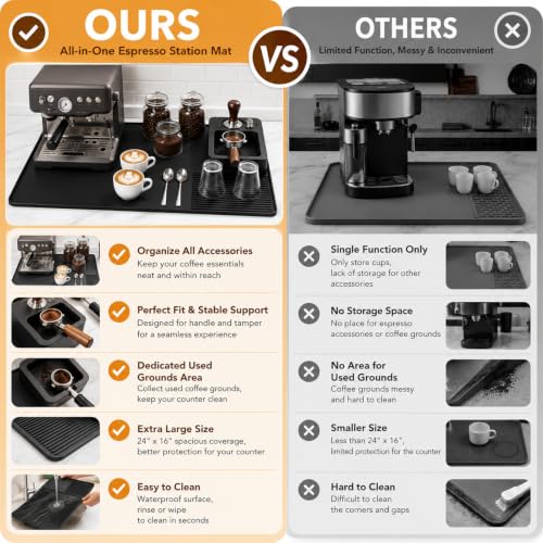 Image of Silicone Coffee Mat and Espresso Tamping Mat, Detachable Espresso Mat Accessories, Coffee Bar Mat Suitable for Use Under coffee Maker, Dish Drying Mat for Kitchen Countertop Protector, Black