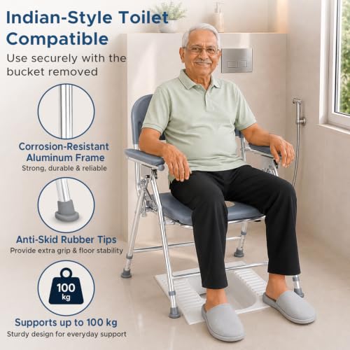 Image of KosmoCare Deluxe Commode Chair - Heavy Duty | Height Adjustable Commode Chair with Aluminium Frame | Toilet Chair with Pot and Lid | Lightweight bedside Commode Chair for Adults, Elderly, & Handicap