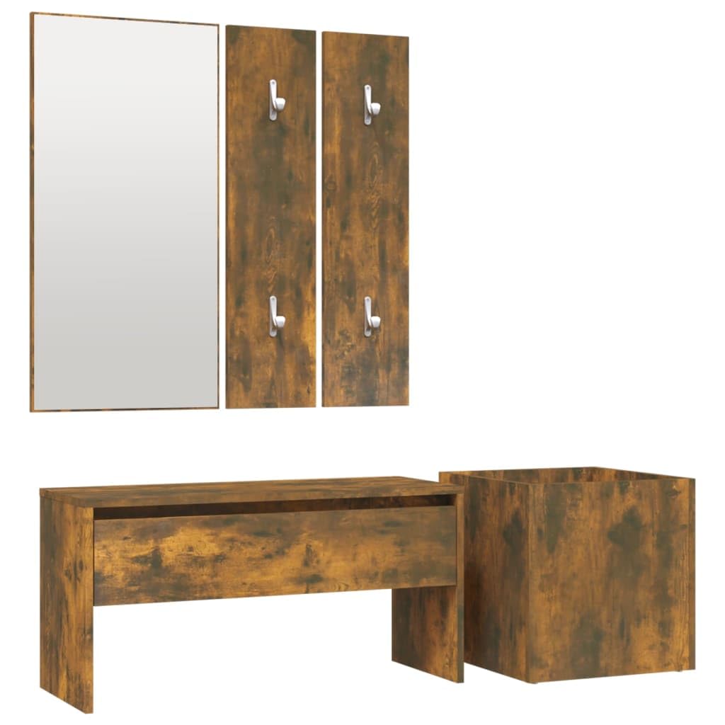 Banc de rangement entrée 80 cm avec miroir et vestiaire complet chêne fumé