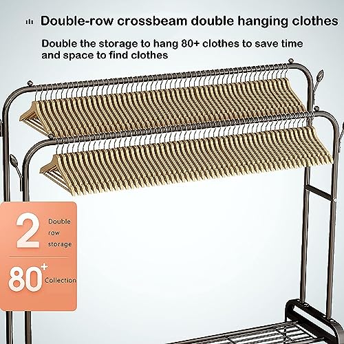 Image of HomeCloud Cloth Drying Stand | Multipurpose Dual Rod + Wheels Garments Rack with Bottom Shelf for Coat Hanger Home, Storage Organizer 1pc (Black Shelves)