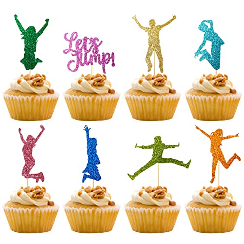 Mulukaya 24Pcs Let's Jump Themed Cupcake Toppers Cake Picks for Bounce House Trampoline or Jumping Birthday Wedding Party Decorations Favors Supplies
