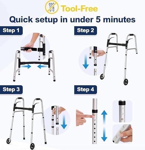 HolyHeal Folding Walkers for Seniors with 2 Skis and 5\" Wheels, Lightweight Adult Rolling Walker, Supports Up to 350 Pounds, Adjustable Height, Aluminum Standard Walker, Silver - Thumbnail 6