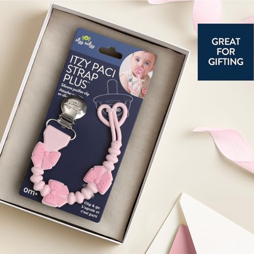 Image of Itzy Ritzy Silicone Pacifier Clip - 100% Food Grade Silicone Pacifier Strap with Clip Keeps Pacifiers, Teethers & Small Toys in Place - Features One-Piece Design & Cord (Pink Bows)