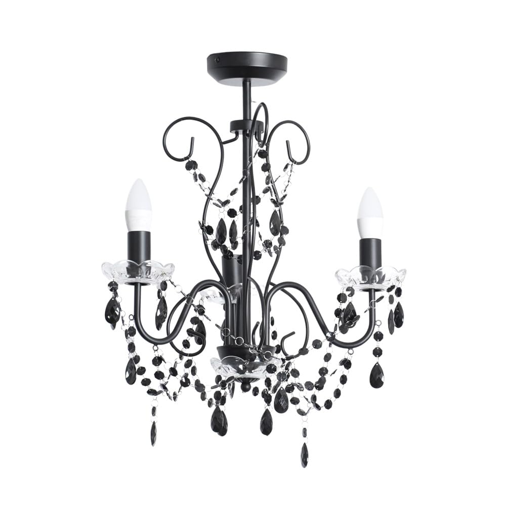 Valuelights Black | 3 Way Ceiling Light Chandelier Fitting With Clear Acrylic Jewel Droplets | Chandeliers, Home Décor & Improvement Essential | Mains Wired